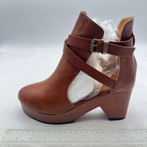 YDN Brown Retro Platform Cross Strap Buckles Ankle Boot Closed Toe Mid Heel Boot